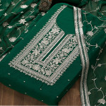 Green & Silver-Toned Embroidered Unstitched Dress Material