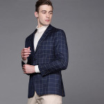 Men Navy Blue & Beige Slim Fit Checked Single Breasted Smart Casual Blazer