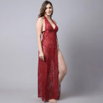 Women Maroon Embroidered Lace Above Knee Baby Doll Dress/ Nightwear Lingerie