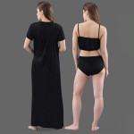 Women Black Solid Satin 3 Piece Nightwear Set